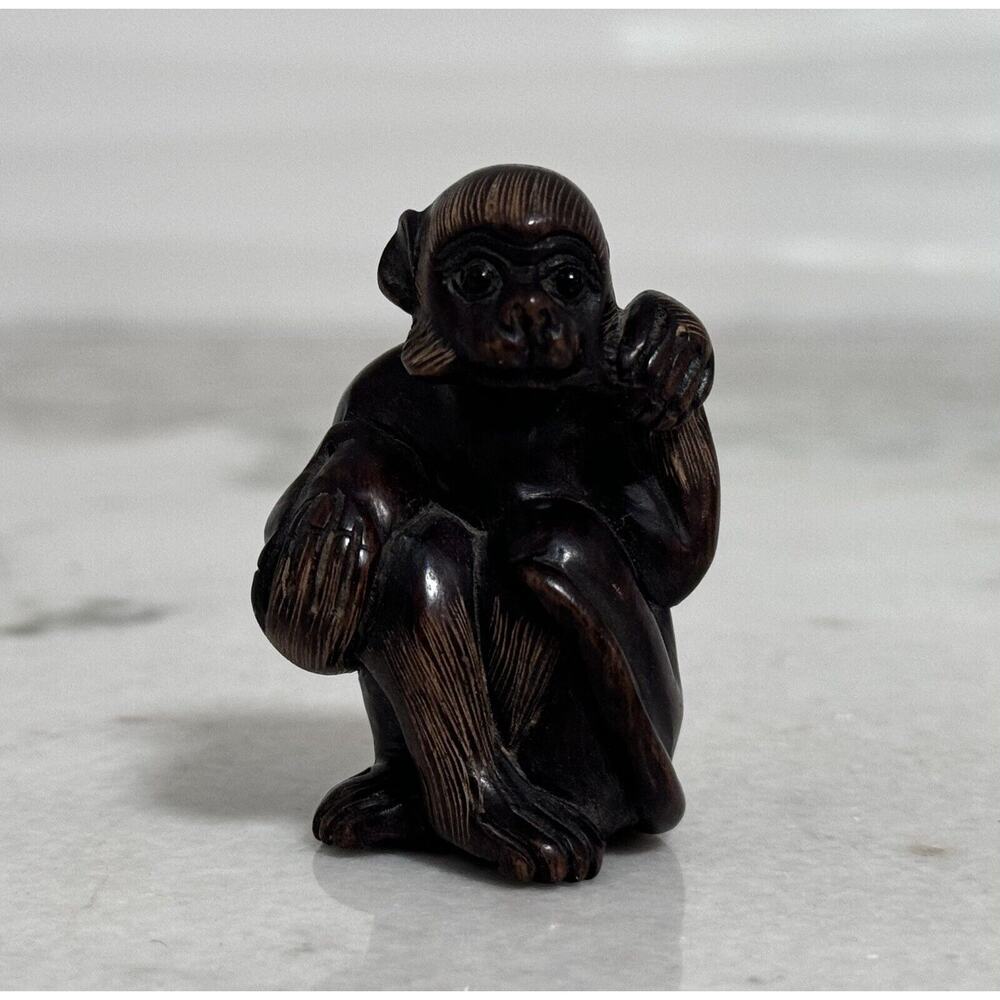 Antique Japanese Wooden Netsuke Carved Monkey Figurine Signed
